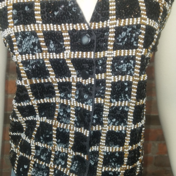 VTG Women's Vest Black w/Sequins Beads Pearls on F - Picture 4 of 6